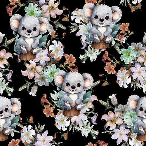 Adorable Koala and Floral Pattern Quilting Fabric on Black Background