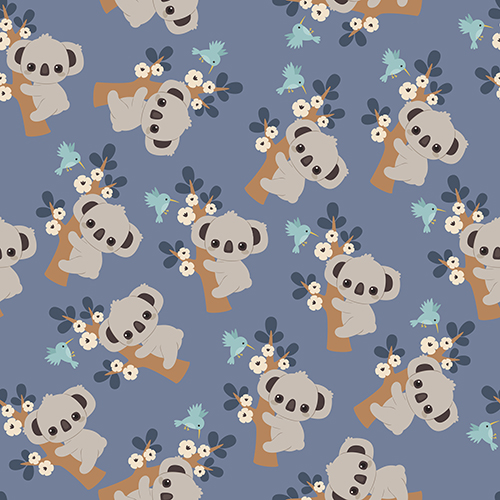 Seamless pattern with koalas and birds on a blue background
