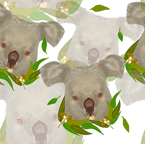 Koala Faces with Leaves Seamless Pattern