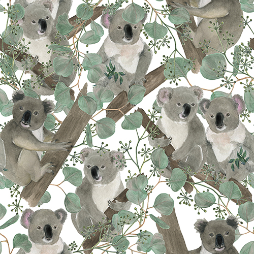 Watercolor painting of koalas on eucalyptus branches, seamless pattern