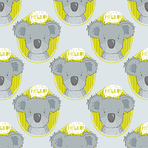 Cartoon koala faces with "Hello!" speech bubbles, seamless pattern