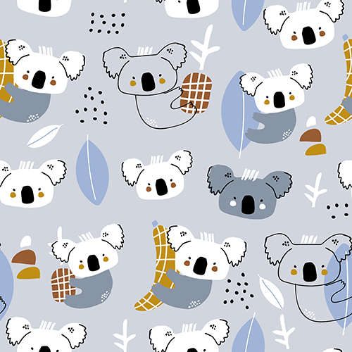 Playful cartoon koalas with abstract leaves, seamless pattern
