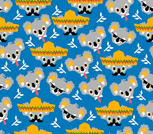 Seamless pattern featuring koalas wearing sombreros, with a vibrant blue background.
