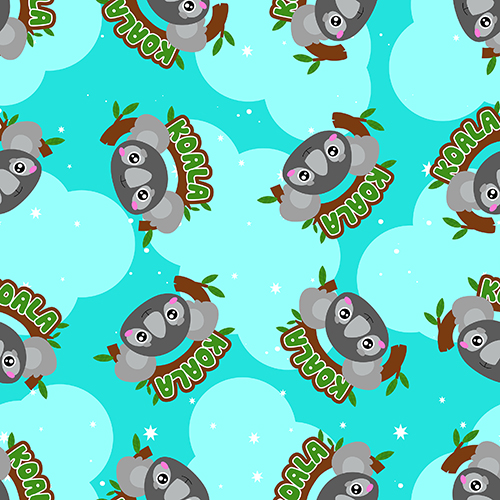 Seamless pattern featuring cute koalas with "Koala" text on a bright turquoise background with cloud-like shapes.