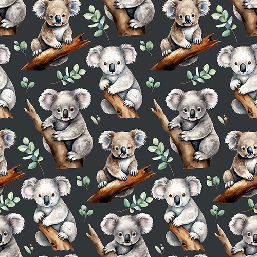 Cute Koala Seamless Watercolor Pattern Quilting Fabric on Dark Background