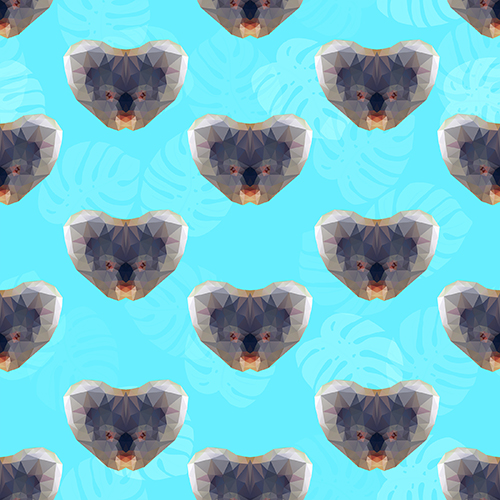 Polygonal pattern featuring koala faces on a bright turquoise background with leaf motifs.