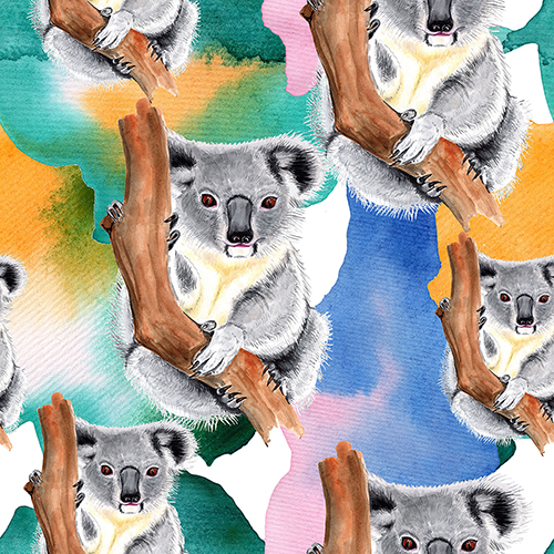 Watercolor koalas sitting on tree branches against a colorful abstract background.