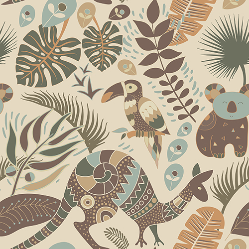 Tropical pattern featuring stylized koalas, birds, and foliage in earthy tones.