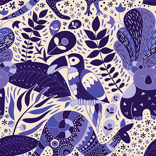 Stylized tropical pattern with koalas, birds, and foliage in purple hues.