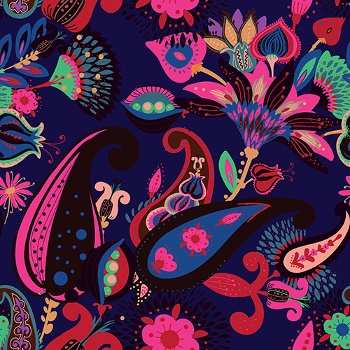 Dark background with vibrant paisley and floral patterns in bright colors.