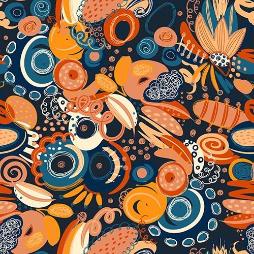 Abstract floral pattern with vibrant colors and intricate details.