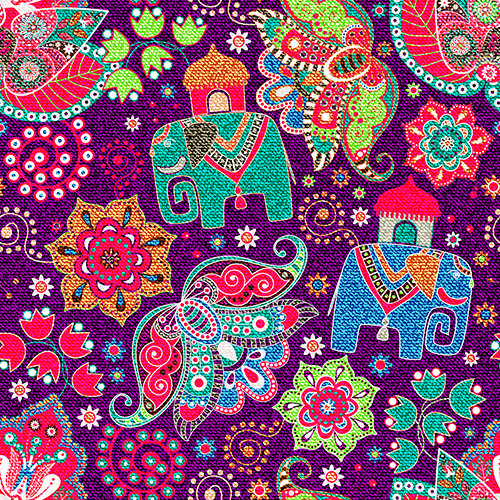Colorful ethnic pattern with elephants, flowers, and paisley motifs.