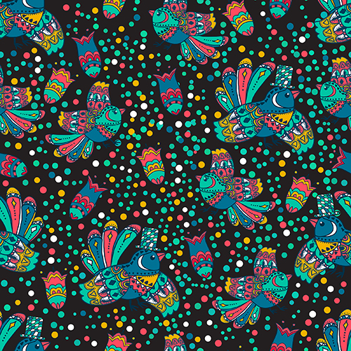 Colorful, intricately designed birds with vibrant patterns and dots on a dark background.