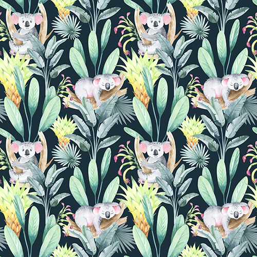 Koala and Tropical Leaves Watercolor Quilting Fabric Seamless Pattern