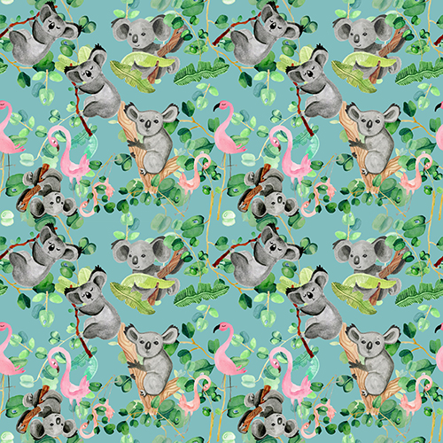 Green Seamless Pattern With Eucalyptus Koala And Pink Flamingo