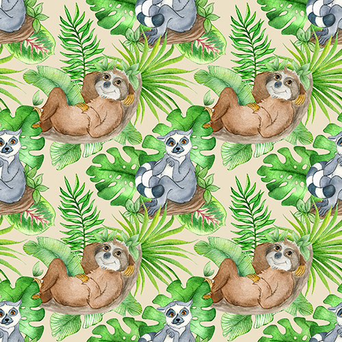 Watercolor Seamless Pattern Of Lemur And Sloth On A Tropical Background